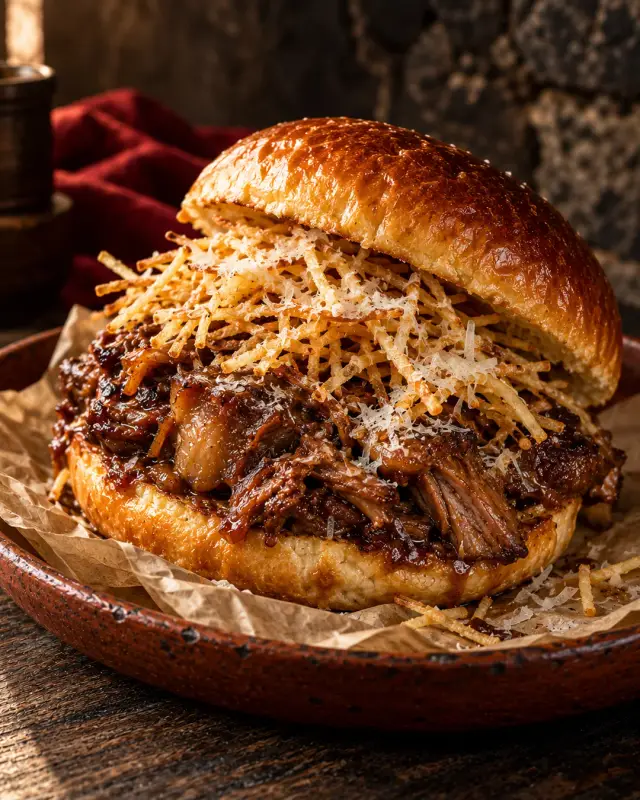 Brioche Taurino con rabo de toro, patata paja y queso rallado, fotografía ilustrativa