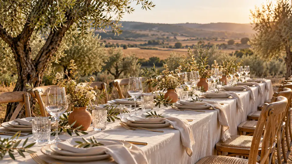 Mesa larga de celebración al aire libre, con mantel blanco, flores y olivos a la luz del atardecer